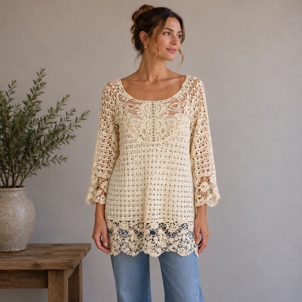Umgee Ecru Crochet Lace Long Sleeve Boho Cottage   top  small